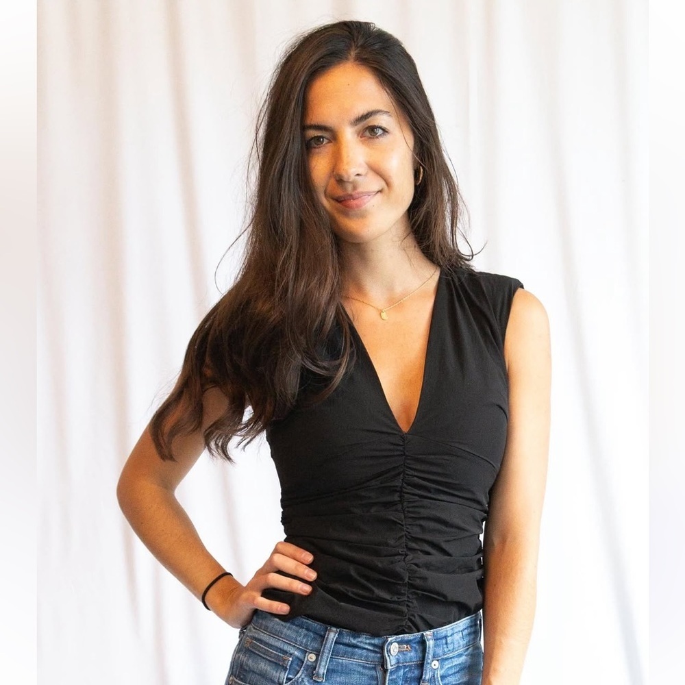Black V-Neck Ruched Sleeveless Top - Women